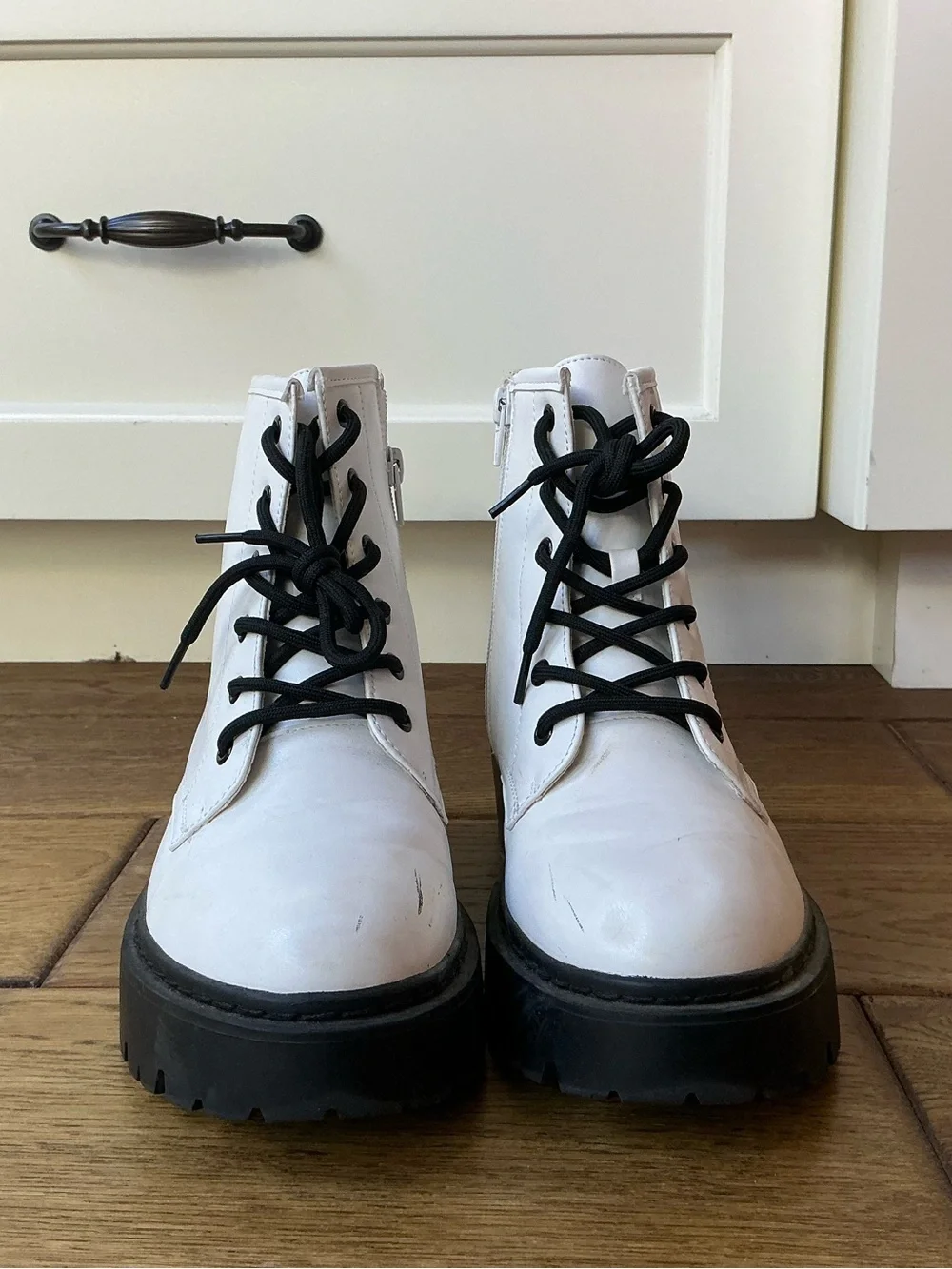 Steve Madden White Lace-Up Combat Boots with Black Lug Sole